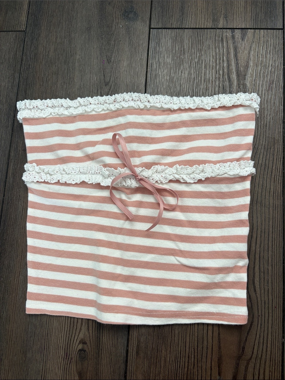 Edikted Pink and White Striped Tube Top with Lace Trim
